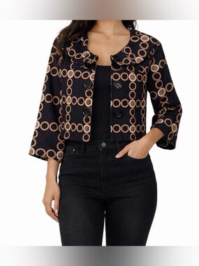 Kas Designs 100% Cotton Circle Pattern Black & Beige Crop Jacket Size M